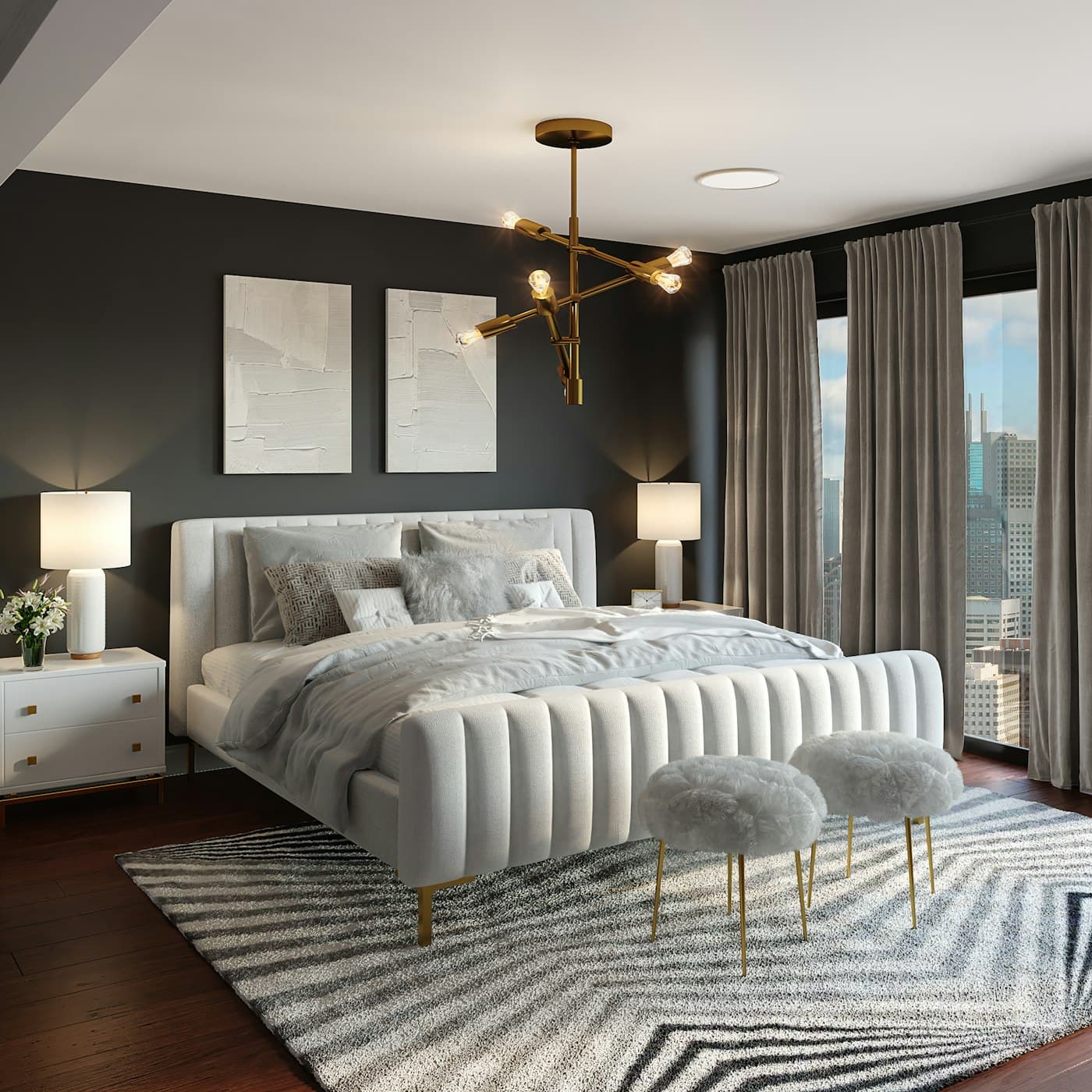 Serene bedroom interior with upholstered bed and warm tones