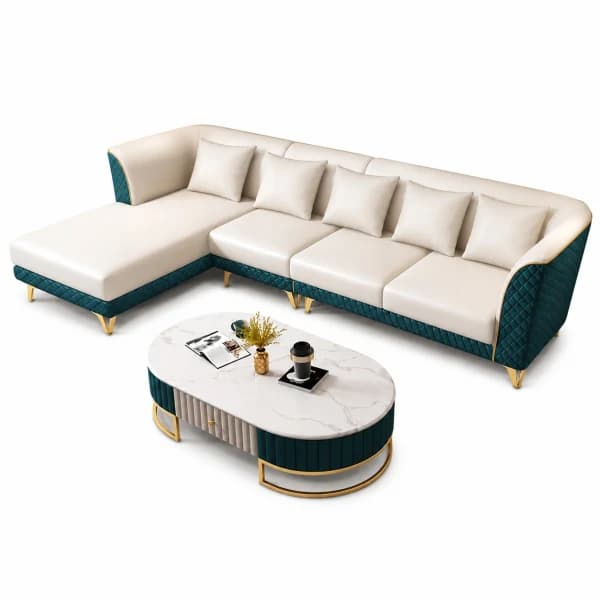Luxury Emerald Green & Cream L-Shaped Sectional Sofa Set