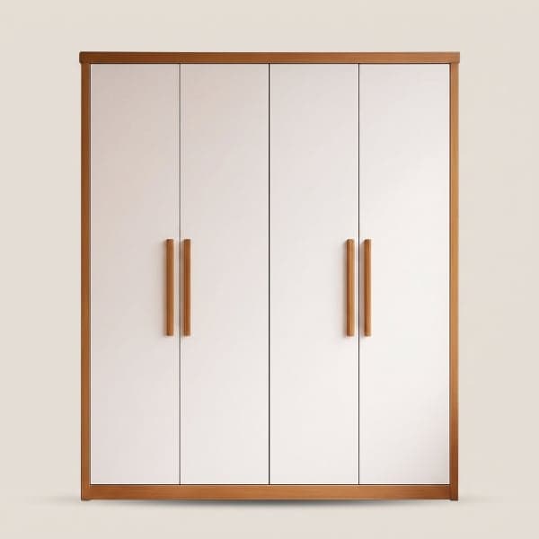 Modern Minimalist 4-Door White & Wood Wardrobe