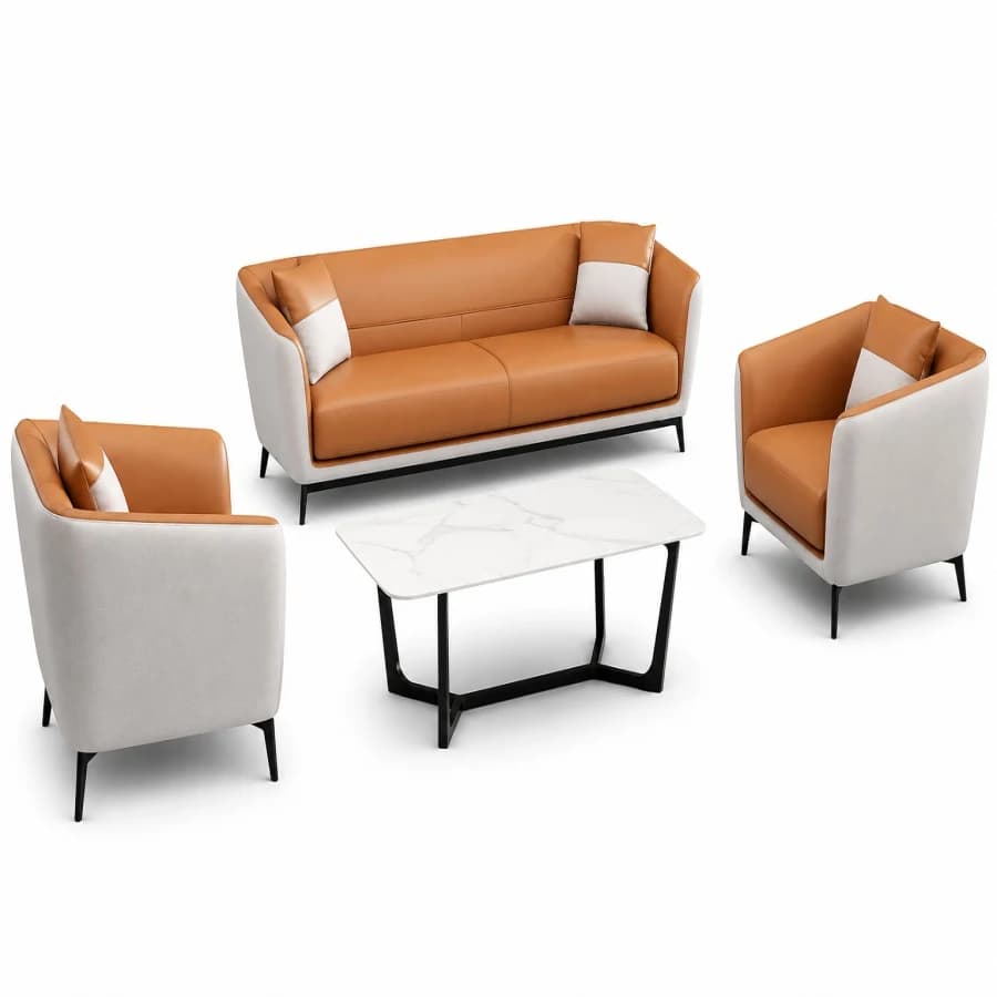 Modern Cognac Leather Sofa Set with Accent Pillows