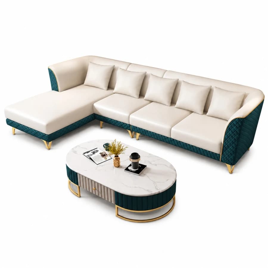 Luxury Emerald Green & Cream L-Shaped Sectional Sofa Set