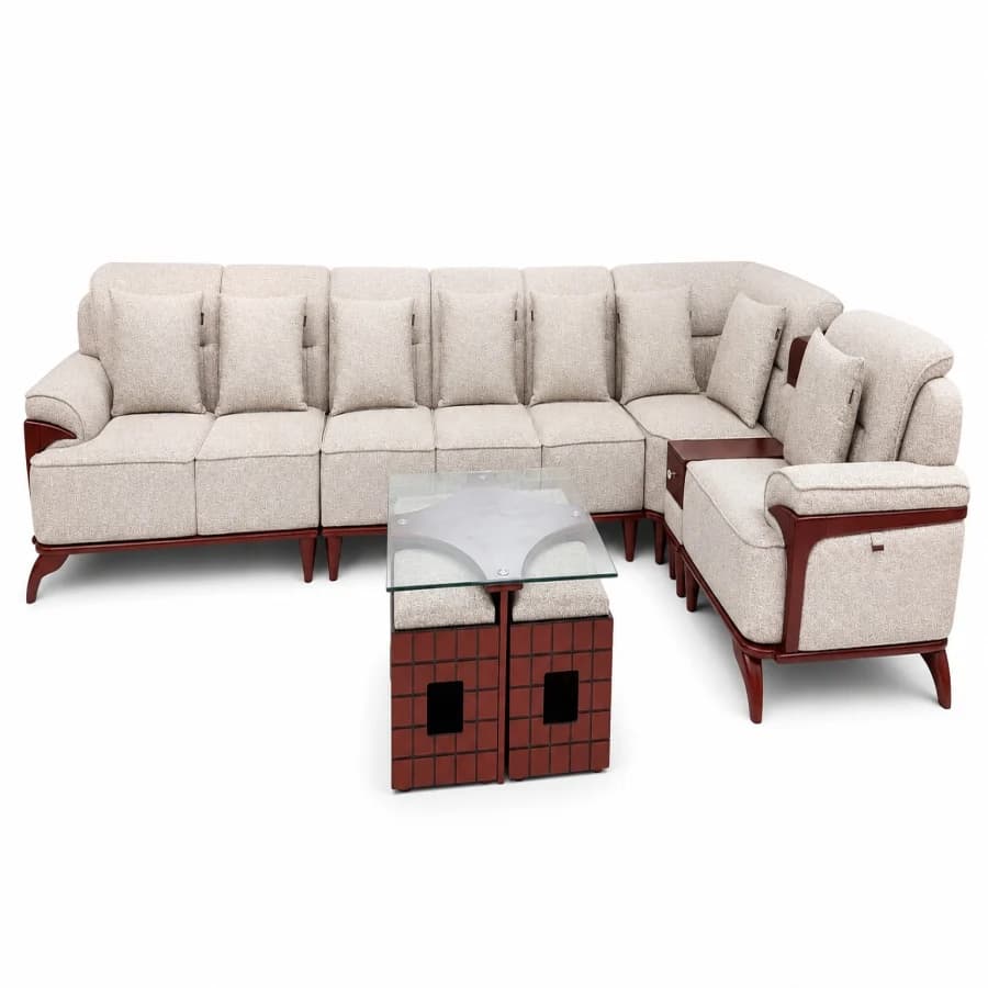 Modern Cream & Mahogany L-Shaped Sectional Sofa Set