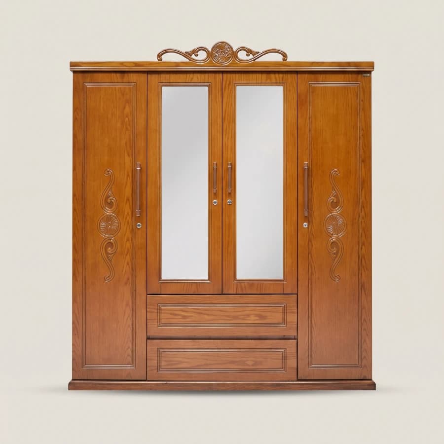 Classic Solid Wood 3-Door Wardrobe with Center Mirrors